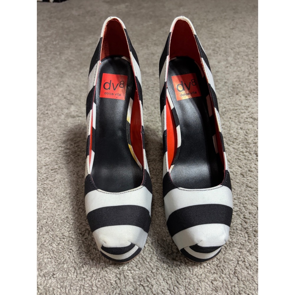 DV8 Dolce Vita Striped Platform Pumps Black White Red High Heels Size 6.5